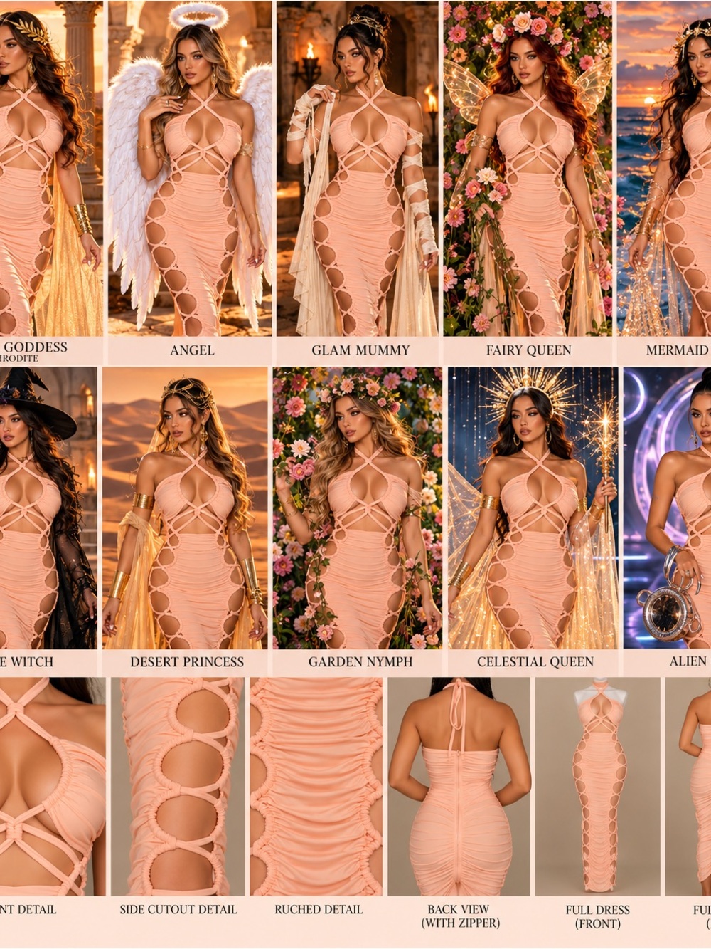 Strappy Cutout Ruched Bodycon Dress in Blush Pink